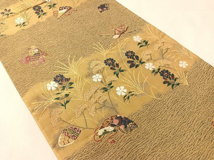 平和屋着物●六通柄袋帯 唐織 紹巴 文箱花文 金糸 正絹 逸品 CABJ7525vp