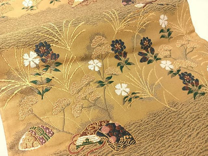 平和屋着物●六通柄袋帯 唐織 紹巴 文箱花文 金糸 正絹 逸品 CABJ7525vp