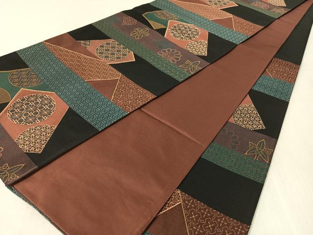 平和屋着物●六通柄袋帯 横段吉祥花文 黒地 正絹 逸品 CABJ7526vp