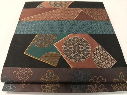 平和屋着物●六通柄袋帯 横段吉祥花文 黒地 正絹 逸品 CABJ7526vp