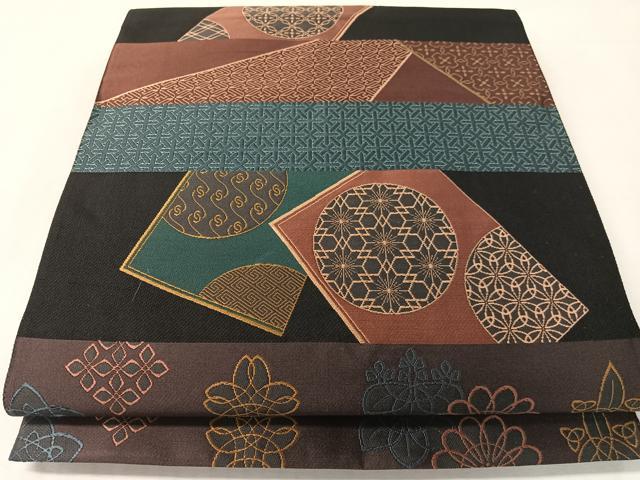 平和屋着物●六通柄袋帯 横段吉祥花文 黒地 正絹 逸品 CABJ7526vp