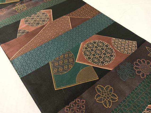 平和屋着物●六通柄袋帯 横段吉祥花文 黒地 正絹 逸品 CABJ7526vp