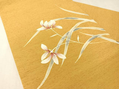 平和屋着物●九寸名古屋帯　紬地　手描き　草花文　正絹　逸品　未使用　CABJ7532vp