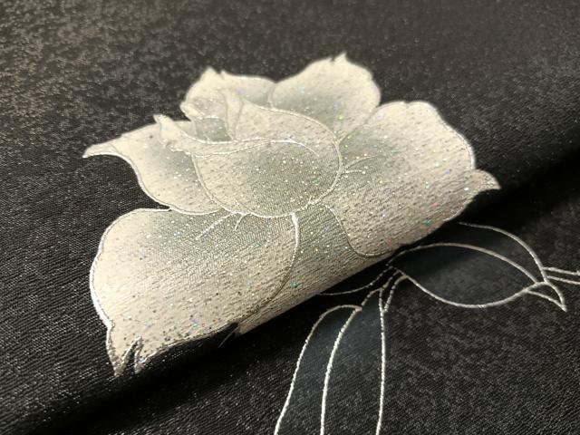 平和屋着物●太鼓柄袋帯　バラ　黒地　銀通し地　正絹　逸品　CABJ7535vp
