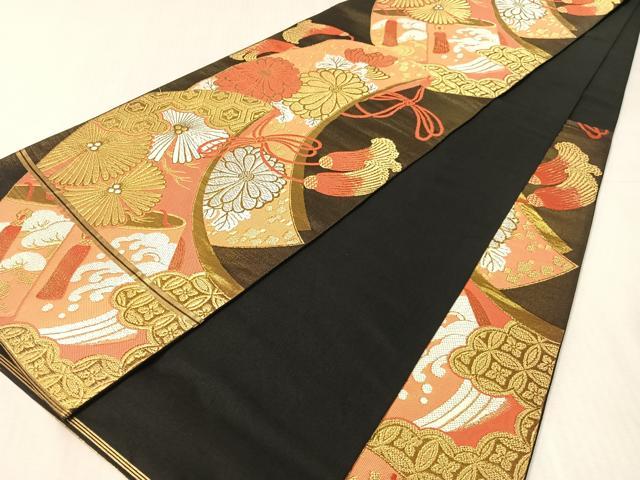 平和屋着物●西陣　川島織物　六通柄　本袋帯　正吉祥菊花文　黒地　金銀糸　絹　逸品　CABJ7538vp