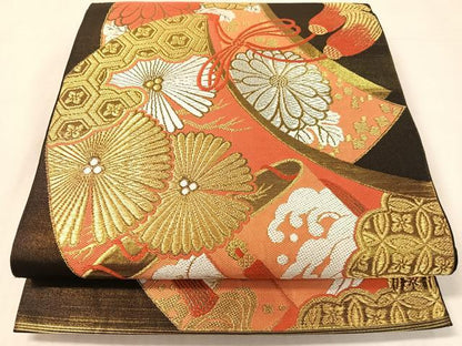 平和屋着物●西陣　川島織物　六通柄　本袋帯　正吉祥菊花文　黒地　金銀糸　絹　逸品　CABJ7538vp