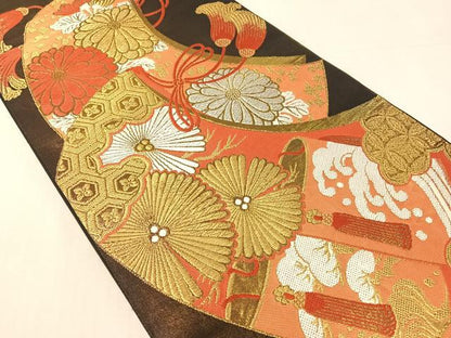 平和屋着物●西陣　川島織物　六通柄　本袋帯　正吉祥菊花文　黒地　金銀糸　絹　逸品　CABJ7538vp