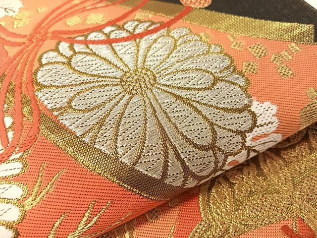平和屋着物●西陣　川島織物　六通柄　本袋帯　正吉祥菊花文　黒地　金銀糸　絹　逸品　CABJ7538vp