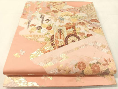平和屋着物●六通柄袋帯 唐織 慶兆 本草木 御所車花文 金糸 正絹 逸品 CABJ7542vp