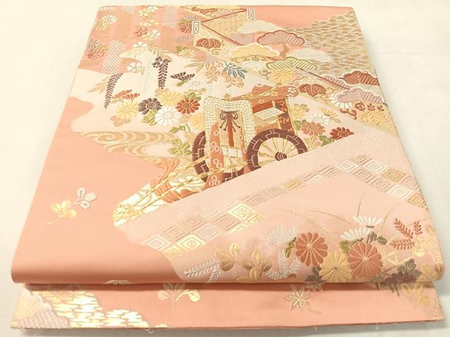 平和屋着物●六通柄袋帯 唐織 慶兆 本草木 御所車花文 金糸 正絹 逸品 CABJ7542vp