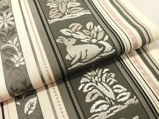 平和屋着物●本場筑前博多織　八寸名古屋帯　花兎間道　博多金ラベル　証紙付き　正絹　逸品　CABJ7547vp