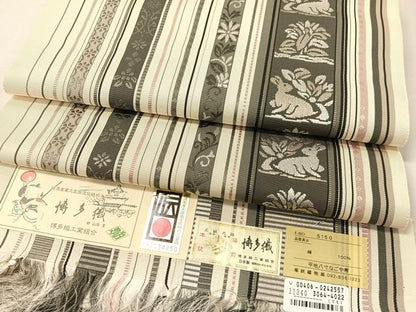 平和屋着物●本場筑前博多織　八寸名古屋帯　花兎間道　博多金ラベル　証紙付き　正絹　逸品　CABJ7547vp