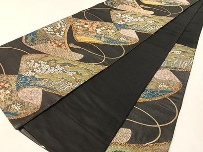 平和屋着物●六通柄袋帯　花絵巻文　黒地　金銀糸　正絹　逸品　CABJ7550vp