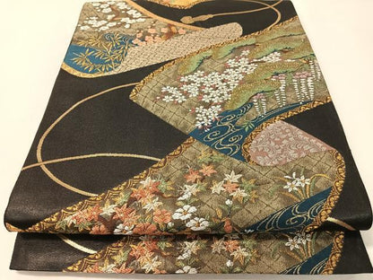 平和屋着物●六通柄袋帯　花絵巻文　黒地　金銀糸　正絹　逸品　CABJ7550vp