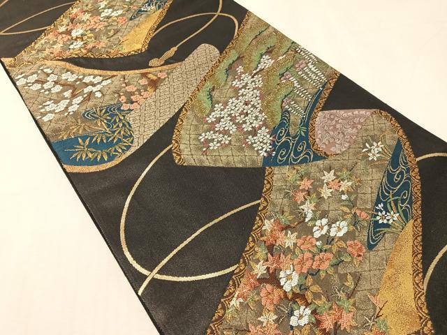 平和屋着物●六通柄袋帯　花絵巻文　黒地　金銀糸　正絹　逸品　CABJ7550vp
