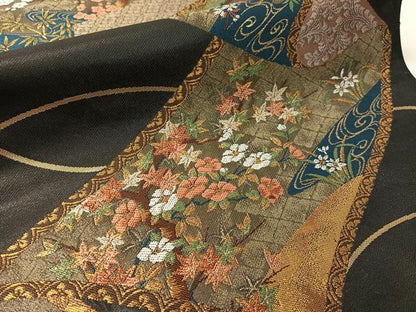 平和屋着物●六通柄袋帯　花絵巻文　黒地　金銀糸　正絹　逸品　CABJ7550vp