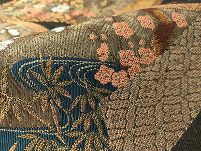 平和屋着物●六通柄袋帯　花絵巻文　黒地　金銀糸　正絹　逸品　CABJ7550vp