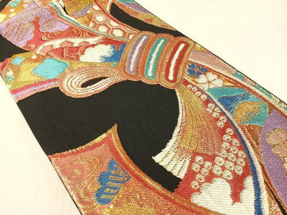 平和屋着物●西陣　環美術織物　六通柄　本袋帯　秀華熨斗文　黒地　金糸　正絹　逸品　CABJ7556vp