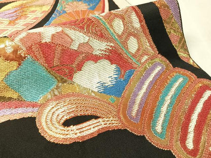 平和屋着物●西陣　環美術織物　六通柄　本袋帯　秀華熨斗文　黒地　金糸　正絹　逸品　CABJ7556vp