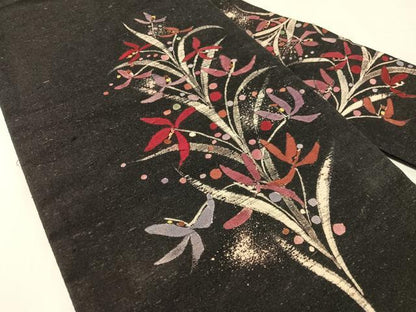 平和屋着物●九寸名古屋帯　紬地　手描手染　昭作　草花文　長尺　正絹　逸品　CABJ7568vp