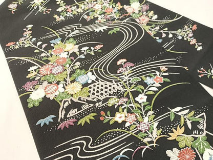 平和屋着物●全通柄　九寸名古屋帯　流水花文　正絹　逸品　CABJ7573vp