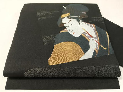 平和屋着物●九寸名古屋帯　喜多川歌麿　美人画　黒地　正絹　逸品　CABJ7582vp