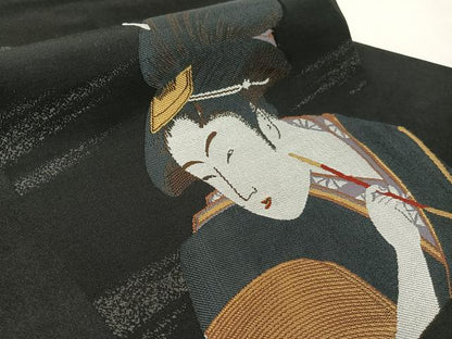 平和屋着物●九寸名古屋帯　喜多川歌麿　美人画　黒地　正絹　逸品　CABJ7582vp
