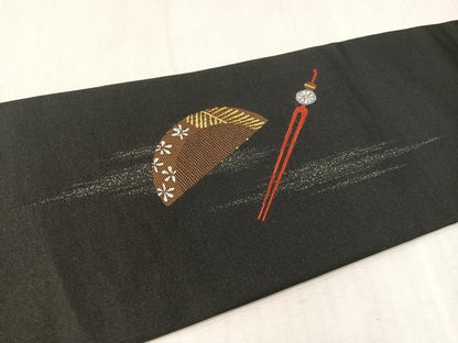 平和屋着物●九寸名古屋帯　喜多川歌麿　美人画　黒地　正絹　逸品　CABJ7582vp