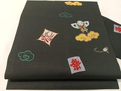 平和屋着物●九寸名古屋帯　凧　隈取　黒地　金糸　正絹　逸品　CABJ7583vp