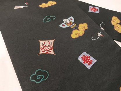 平和屋着物●九寸名古屋帯　凧　隈取　黒地　金糸　正絹　逸品　CABJ7583vp