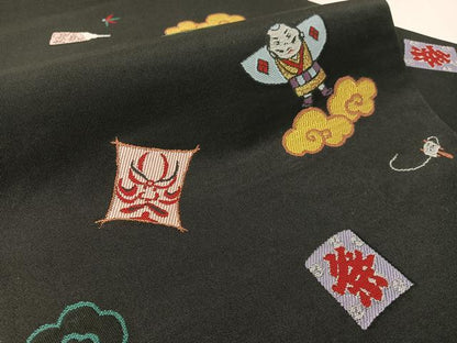平和屋着物●九寸名古屋帯　凧　隈取　黒地　金糸　正絹　逸品　CABJ7583vp