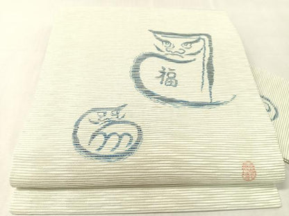 平和屋着物●九寸名古屋帯　作家物　紙布　藍　だるま　ラメ糸　正絹　逸品　CABJ7584vp