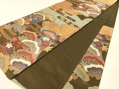 平和屋着物●ファッションデザイナー 花井幸子　六通柄袋帯　唐織　雲取り花松舟文　金糸　正絹　逸品　CABJ7587vp