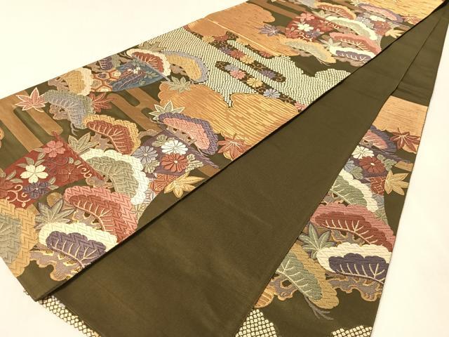 平和屋着物●ファッションデザイナー 花井幸子　六通柄袋帯　唐織　雲取り花松舟文　金糸　正絹　逸品　CABJ7587vp
