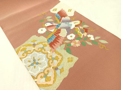 平和屋着物●爪掻き本綴れ　八寸名古屋帯　花喰鳥　金銀糸　正絹　逸品　未使用　CABJ7588vp