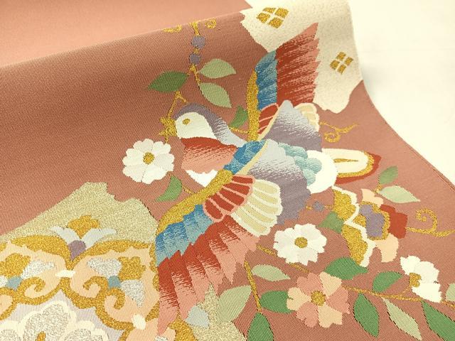 平和屋着物●爪掻き本綴れ　八寸名古屋帯　花喰鳥　金銀糸　正絹　逸品　未使用　CABJ7588vp