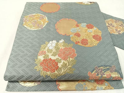 平和屋着物●九寸名古屋帯　唐織　雪輪花文　金糸　正絹　逸品　CABJ7589vp