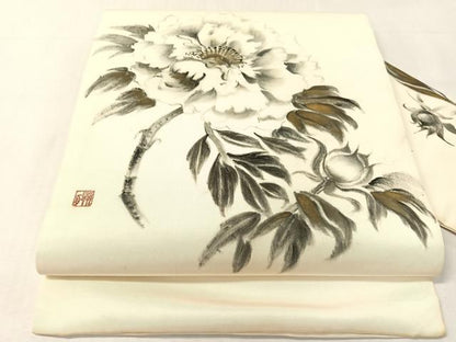 平和屋着物●塩瀬　九寸名古屋帯　作家物　手描き　枝花文　金彩　正絹　逸品　CABJ7590vp