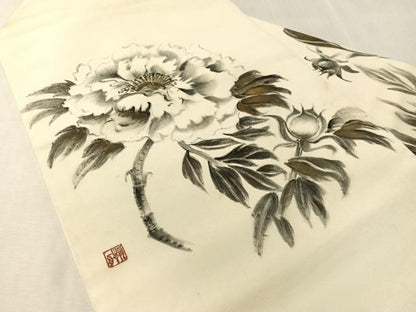 平和屋着物●塩瀬　九寸名古屋帯　作家物　手描き　枝花文　金彩　正絹　逸品　CABJ7590vp