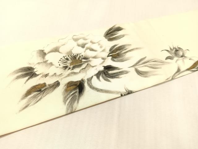 平和屋着物●塩瀬　九寸名古屋帯　作家物　手描き　枝花文　金彩　正絹　逸品　CABJ7590vp