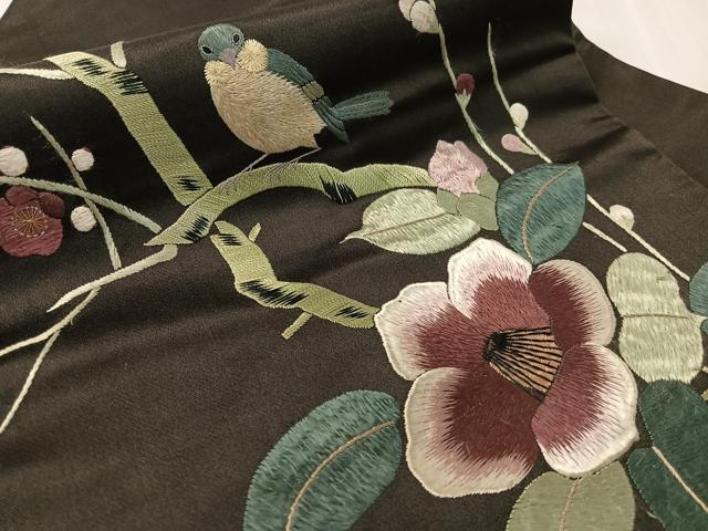 平和屋着物●アンティーク　大正ロマン　総手刺繍　九寸名古屋仕立て　枝花鳥文　黒地　正絹　逸品　CABJ7591vp