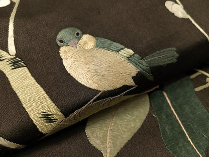 平和屋着物●アンティーク　大正ロマン　総手刺繍　九寸名古屋仕立て　枝花鳥文　黒地　正絹　逸品　CABJ7591vp
