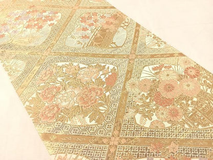 平和屋着物●西陣　服部織物謹製　六通柄袋帯　唐織　松風　天井花文　金糸　正絹　逸品　CABJ7595vp