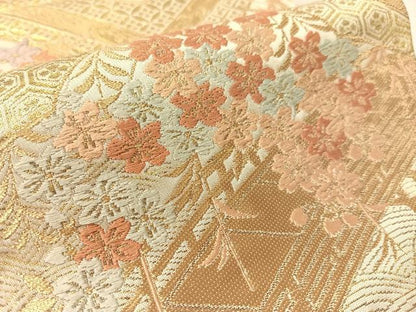 平和屋着物●西陣　服部織物謹製　六通柄袋帯　唐織　松風　天井花文　金糸　正絹　逸品　CABJ7595vp