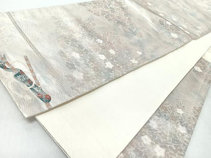 平和屋着物◎六通柄袋帯　流水草花文　銀糸　正絹　逸品　CABJ7609nb