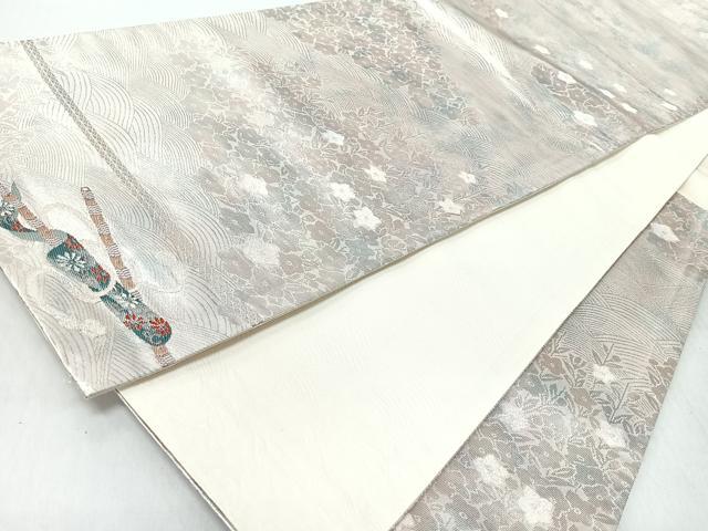 平和屋着物◎六通柄袋帯　流水草花文　銀糸　正絹　逸品　CABJ7609nb
