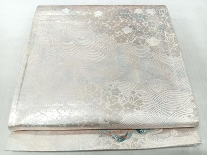 平和屋着物◎六通柄袋帯　流水草花文　銀糸　正絹　逸品　CABJ7609nb