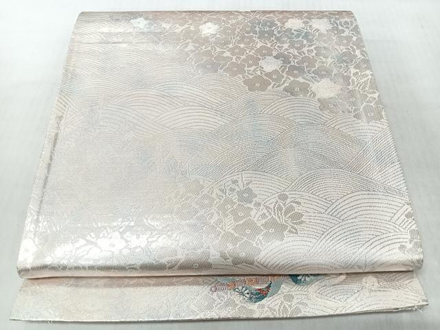 平和屋着物◎六通柄袋帯　流水草花文　銀糸　正絹　逸品　CABJ7609nb