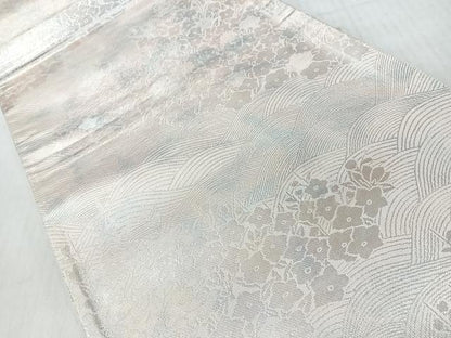平和屋着物◎六通柄袋帯　流水草花文　銀糸　正絹　逸品　CABJ7609nb