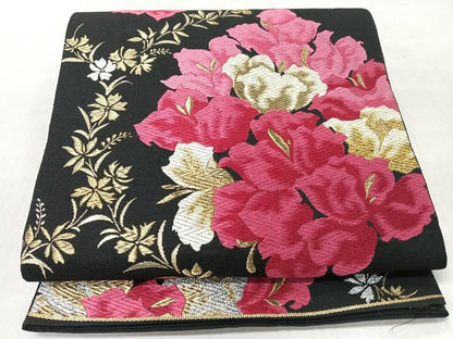 平和屋着物◎六通柄　本袋帯　唐織　舞花文　黒地　金銀糸　正絹　逸品　CABJ7610nb